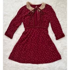 Free People Red Sweet Delfina Mini Dress, Lace Collar, Plunge Neck, XS